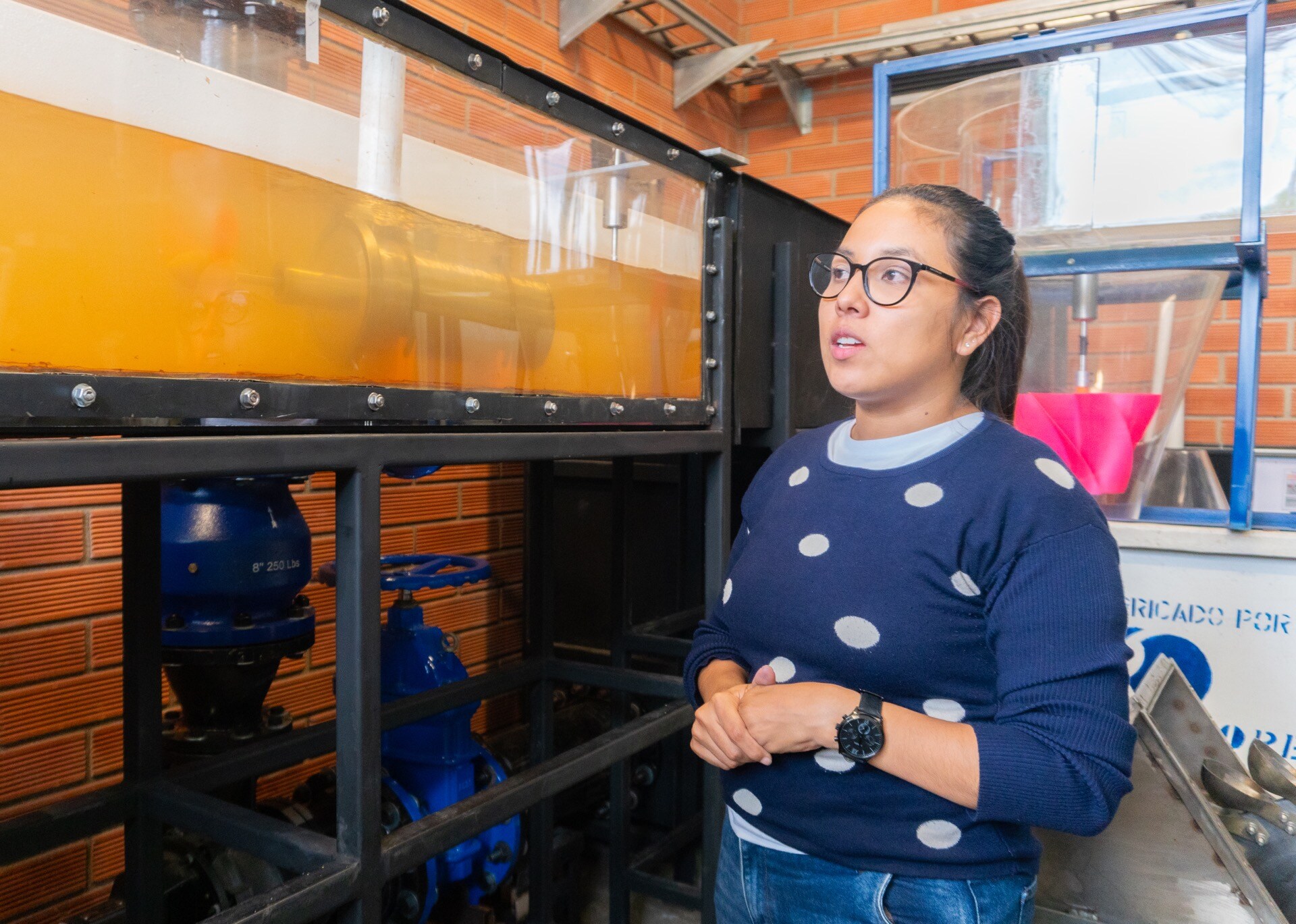 Una mujer con gafas de seguridad observando un sistema de tuberías y tanques en un entorno de laboratorio.