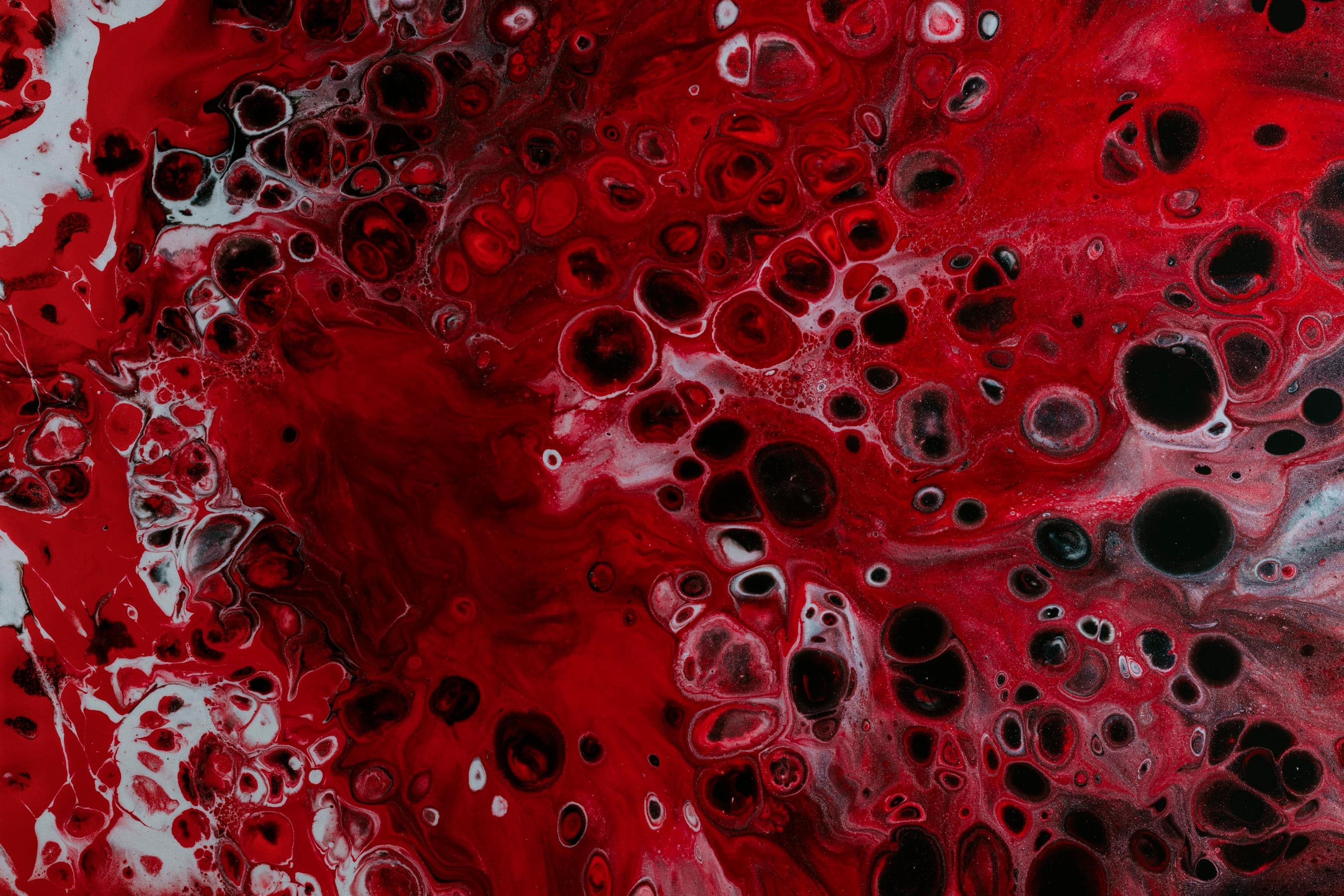 Una abstracción artística en tonos rojos y negros, mostrando patrones fluidos y burbujas.